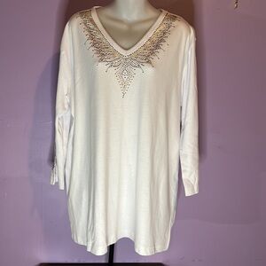 𝅺Right Angle Sportswear White Brown/gold Rhinestone Embellished Blouse Size 1XL